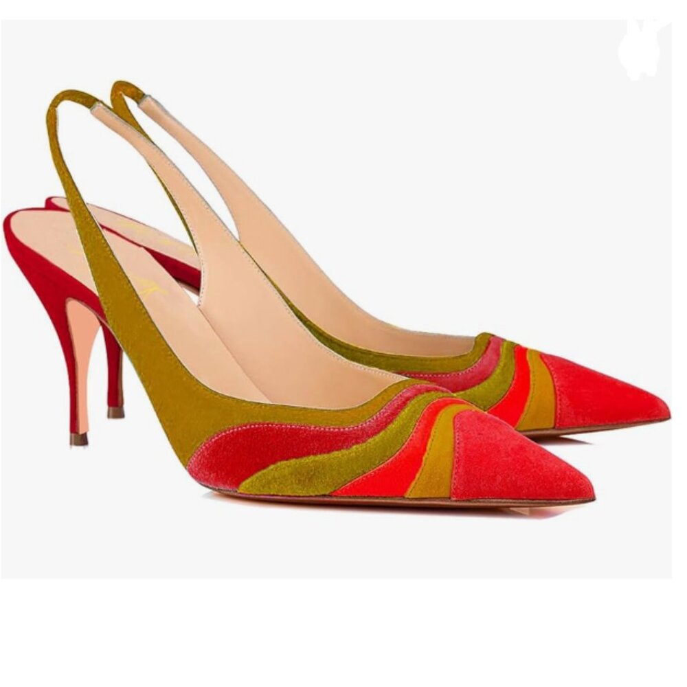 FOWT Red Pointed Toe Slingback Pumps Rainbow Color Stripes High Heel Dress Sanda